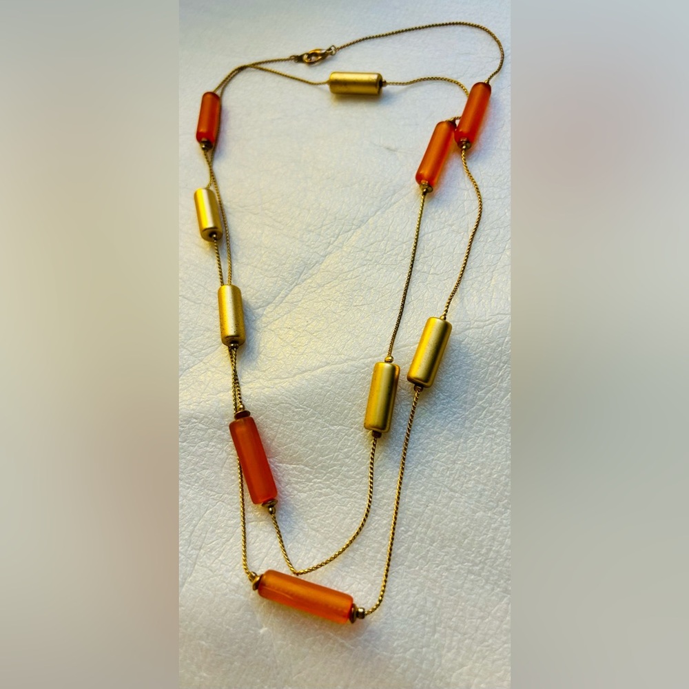 Vintage Retro Necklace Orange Gold Tone Tube Shape Beads